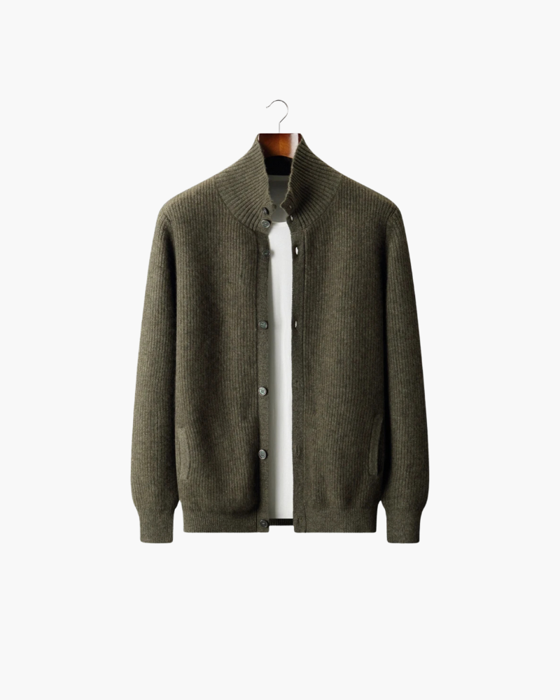 CASHMERE HIGH COLLAR RIBBED CARDIGAN