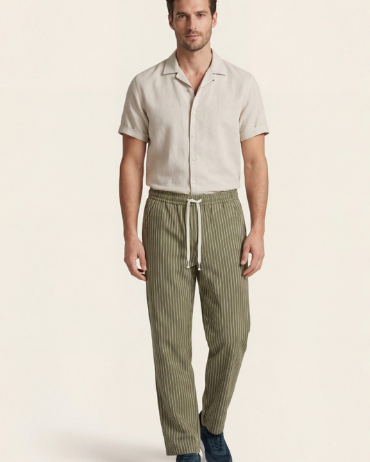 VIENA STRIPE LINEN TROUSERS - OLIVE
