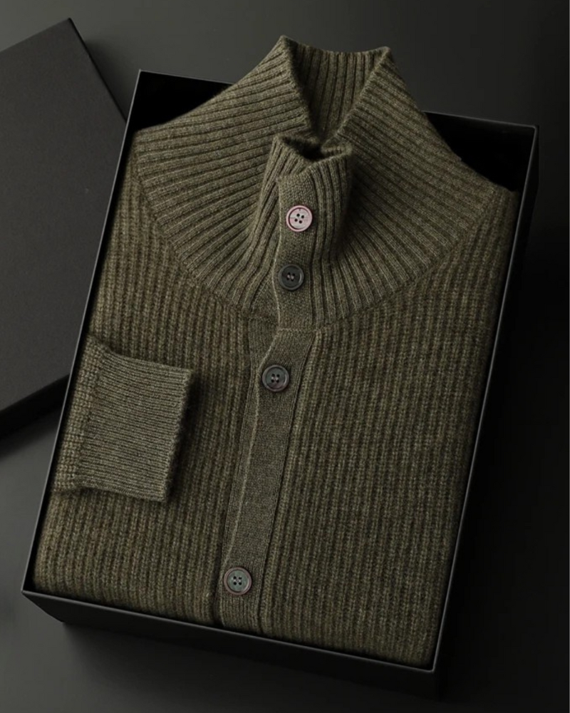 CASHMERE HIGH COLLAR RIBBED CARDIGAN